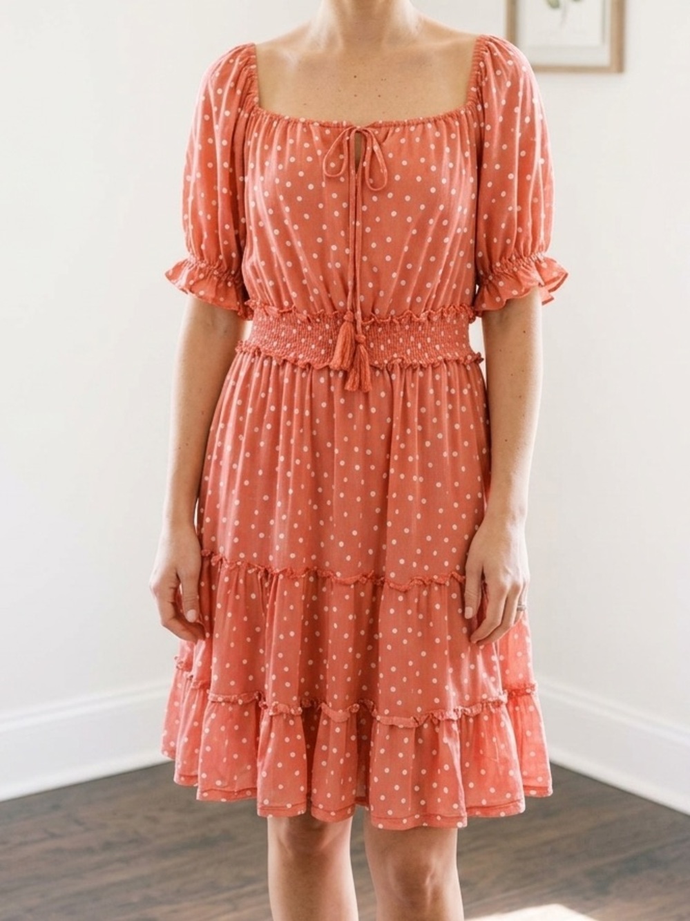 Indigo Rose Coral Polka Dot Tiered Boho Dress Square Neck Ruffle Sleeve Plus 1X